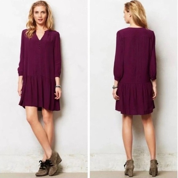 Maeve (Anthropologie) Galina plum tuxedo pleat (front & back) drop waist midi. M - Picture 10 of 10